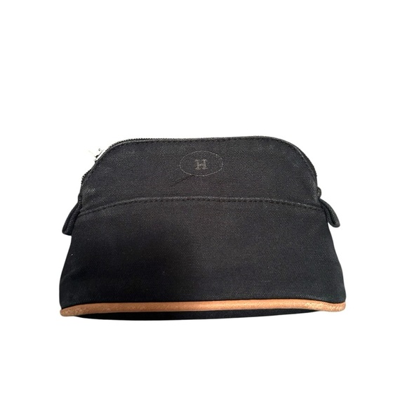 HERMES BLACK CANVAS AND BROWN LEATHER CLUTCH POUCH - Picture 2 of 7